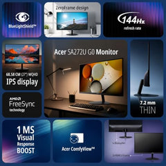 Acer SA272U P1 27 Inch WQHD (2560x1440) IPS Ultra Slim Monitor | 144Hz Refresh Rate | 1ms VRB | HDR10 | AMD FreeSync | HDMI 2.0 + DisplayPort 1.4 | Built-in Dual Speakers | VisionCare | Black