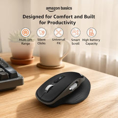 Amazon Basics Ergonomic Wireless Mouse, Bluetooth + 2.4 GHz, Silent Clicks, Side Scroll Wheel, 5 Adjustable DPI Settings up to 4800, Connects up to 3 Devices, Rechargeable, For PC, Mac, Laptop (Black)