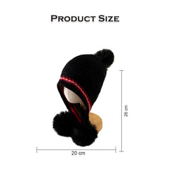 MOMISY Girl's Winter Warm Pom-Pom Balaclava Hat Full Cover Earflap Hood Cap_5-10 Years (Black)