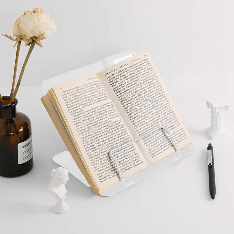 SYGA Reading Bookshelf Metal Mini Book Stand,Book Holder, Hands Free, Adjustable Cookbook,Documents Holder, Portable Bookstand for Music Books, Textbook, Recipe,Tablet, Ipad(White)