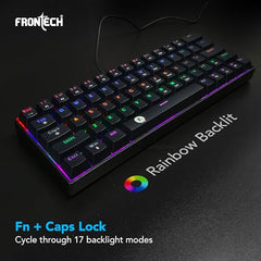 FRONTECH 63-Key Mechanical Gaming Wired Keyboard, Rainbow Backlit, 26 Anti-Ghosting Keys, Detachable Type-C Cable, Compatible with Windows/Mac/iOS/Android (KB-0010P)