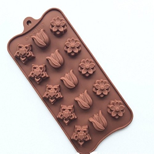 SYGA Silicone Multi Design Flowers Shape Chocolate Jelly Candy Mold, Cake Baking Mold, 15-Cavity Bakeware Mould, Brown