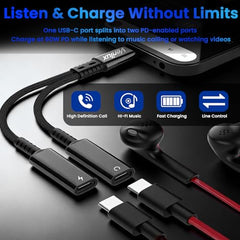 Verilux 3 in 1 Type C to 3.5mm Audio Splitter Headphone Adapter 60W PD