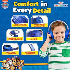 Wembley Paw Patrol Kids Wireless Bluetooth Headphones with Mic | Foldable Over Ear Headphones for Boys & Girls 3-8 Years | 90dB Safe Volume, AUX & USB Charging | Travel, Study & Music