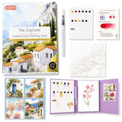 CRAFTMATE The Explorer Watercolor Painting Book | DIY Paint with Water Kit for Kids, Teens & Adults | 16 Pre-Sketched Landscape & Travel Designs with Paint Palette & Water Brush Pen | Travel-Friendly Watercolour Art Book