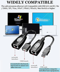 USB Extender Over RJ45 Cat 6/6e/5/5e Adapter, RJ45 Ethernet Splitter to USB Extension UP to 50m/164ft, Compatible with Computers, Mobile Phones, Mice, Keyboards, U Disks, Printers, Cameras