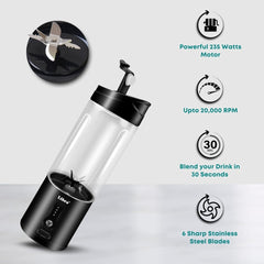 Libra Plastic Portable Blender, USB Rechargeable Blender Juicer with 6 Blades, 530ml Capacity, 4000mAh Battery, 235W Motor, Waterproof Portable Juicer for Travel, Gym & Office (Transparent Black)