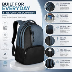 BIGBERRY Rodeo 2.0 Leatherite Faux Leather Laptop Backpack for Men & Women | Water Resistant 2 Compartment Casual Daypack | 15.6 Inch Laptop Bag for Office, College, Travel & Daily Use, Navy Blue