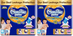 Mamypoko pants All night absorb| Pant Style Baby Diapers Large Size(L), 124 Count,(62*2) Ideal for 9-14Kgs|1 Diaper= Upto All night Absorption|Wider Crisscross Sheet|Gentle Coco Care| 12hr Leakage Protection| Prevents Heaviness.