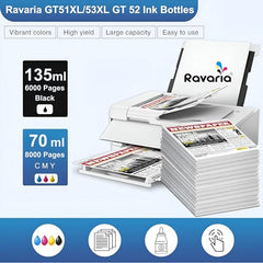 Ravaria Refill Ink for HP GT51XL/53XL GT 52 for HP Ink Tank 115,310,315,319,410,415,416,419,455,500,515,530,589,615,750,790,670,GT5810,GT5811,GT5820(GT51XL + GT52CMY(4 Color Set),Multi-Color Pack)