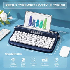 YUNZII ACTTO B303 Wireless Typewriter Keyboard, Retro Bluetooth Aesthetic Keyboard with Integrated Stand for Multi-Device (B303, Midnight)
