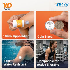 Tracky 16D CGM Continuous Glucose Monitor | 16 Days Wear | Real-Time Glucose Tracking | Smart High & Low Alerts | Factory Calibrated | App with AI Insights, Health & Fitness Integrations | Nightscout Integration