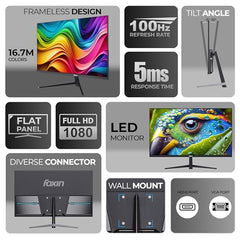 Foxin 24 Inch FHD Flat LED Monitor 1920x1080 Pixel Elite Series | Flat Panel, HDMI & VGA Port, 100Hz Refresh Rate, Frameless, Slim Bezel, Wall Mountable, 16.7 M Colors | 3 Years Warranty | White