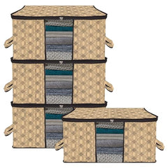 Kuber Industries Non-Woven Underbed Storage Bag | Clothes Storage Organizer | Blanket Cover With Clear Window | Zipper Closure & Handle Cloth Organizer | Check-Design | Large | Pack Of 4 | Cream