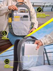 Skybags Quantum 34L Laptop Backpack, 3 Compartments, Grey | Spacious, Organized Interiors, Front & Side Pockets, Rain Cover, College/ Travel/ Office Bag, Unisex, 1-Year Global Warranty