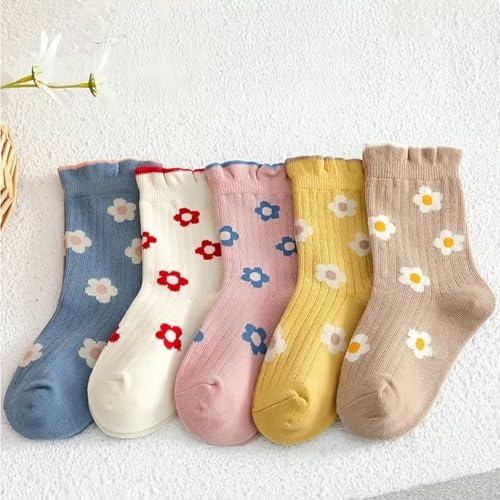 MOMISY 5 Pairs Baby Socks Floral Crew Socks Pattern, Soft & Breathable, Colorful Design 2–5 Years (Multicolor)