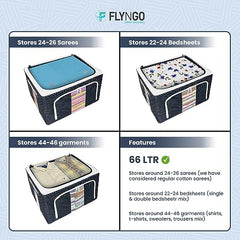 FLYNGO Foldable Steel Frame Clothes Organizer Storage Box For Wardrobe, Saree, Shirts, And Blankets (66 Ltr - Pack Of 2, Oxford Fabric), Blue