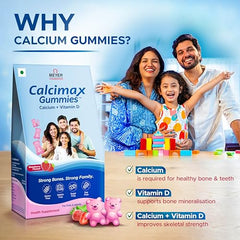 Calcimax Calcium Gummies with Vitamin D for Men Women and Kids Above 5 Years | Sugar Free | Strawberry Flavour | Bone Health Supplement | 60 Gummies