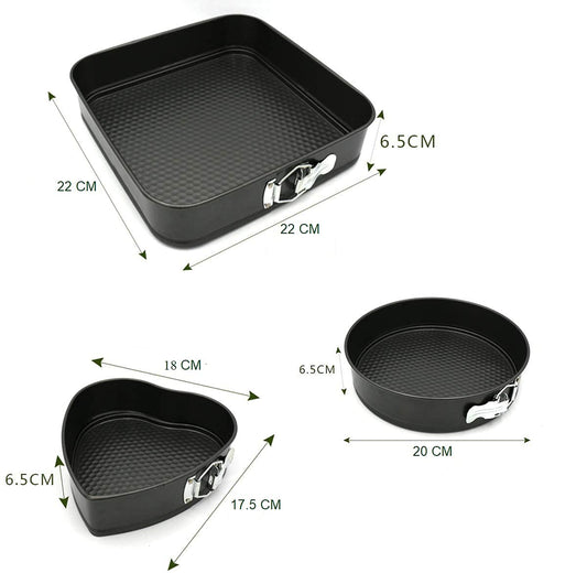 Syga Set Of 3 Circle, Square And Heart Shape Spring Form Cake Tin Mould - Black