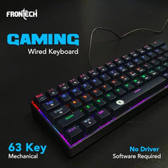 FRONTECH 63-Key Mechanical Gaming Wired Keyboard, Rainbow Backlit, 26 Anti-Ghosting Keys, Detachable Type-C Cable, Compatible with Windows/Mac/iOS/Android (KB-0010P)