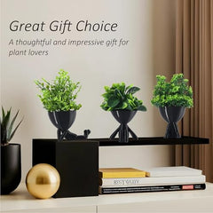 Kuber Industries 3 Pcs Set Plastic Mini Artificial Plants with Pot | Table Top & TV Unit Decorative Items for Living Room | Faux Plants for Home Decor & Office Desk | Man Shape - Black
