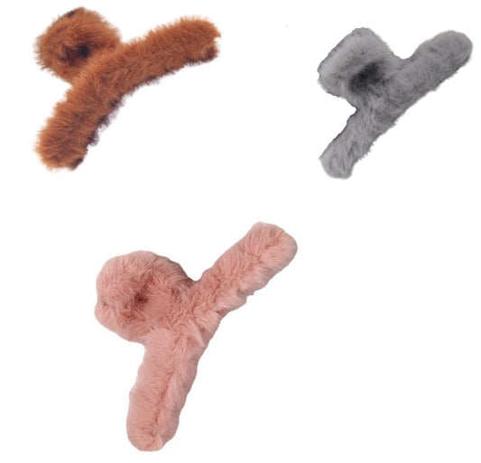Soft Faux Fleece Fur Large Hair Clutcher/Hair Barrette Hair Clip/Hair Clips Claw/Clamp/Hair Pin/Fluffy/Hair Accessories, Random Color For Women & Girls-Pack of 3 (Grey Caramel Pink)