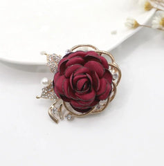 SYGA Women's Floral Brooch Pin with Rhinestones and Pearls (Red)