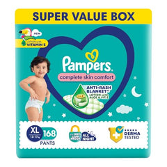 Pampers Complete Skin Comfort Pants, X-Large (XL), 168 Count, Anti-rash blanket, Lotion with Vitamin E & Aloe Vera, 12-17kg