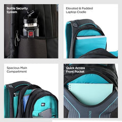 Glint Travel Laptop Backpack | 40L | Fits 15.6" Laptop | Water-Resistant Dobby Polyester | Anti-Theft Pocket, Rain Cover, Ergonomic Straps | Work, Travel & Commute (Grey & Teal)