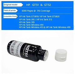 Printer Ink Refill Dye Ink for HP GT53 GT52 Compatible for HP Ink Tank 115, 310, 315, 319, 410, 415, 416, 419, 455, 500, 515, 530, 615, GT 5810, GT 5811, GT 5820 (GT51 ST+BK)