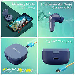 Zebronics Sound Bomb 7 Bluetooth TWS in Ear Earbuds with 60H Playtime, ENC Mic, Rapid Charge, Upto 50ms Gaming Mode, Flash Connect, Voice Assistant, Smooth Touch Control, BT v5.2, Type C (Blue)