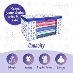 Kuber Industries Non-Woven Foldable Saree Covers With Zip|Polka Dots Wardrobe Organizer For Clothes|Transparent Window Keep 8 To 10 Saree|Suitable For Lehenga, Suit, Dress|Pack Of 9 (Blue & White)