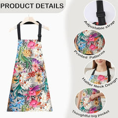 MOMISY Tropical Floral Kitchen Apron – Cooking Apron with Colorful Print, Adjustable Neck Strap (Grey)