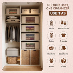 JD FRESH 3 Pcs Cotton Saree Covers/Storage Bags with Zip Cover/Space Saving Bag with Transparent Window/Wardrobe & Cupboard Organizer for Clothes/Bedsheets/Lehengas (16 x 13 x 3 Inch/Off White)