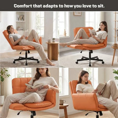 DROGO Zen Atora Ergonomic Criss Cross Legged Office Chair for Work with 5 Gear Armrest & Wide Thick Cushion Seat | PU Leather Computer Chair with Adjustable Height, Recline & Heavy Metal Base (Black)