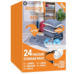 GONGSHI Plastic 24 Pack Vacuum Storage Bags with Electric Pump, (5 Jumbo, 5 Large, 5 Medium, 5 Small, 4 Roll Up Bags) Space Saver Bag for Mattress, Blanket, Duvets, Comforters,Travel, Transparent