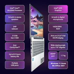Acer Aspire 3 (2026) Intel Core i5 13th Gen 1334U - (16 GB/512 GB SSD/Intel UHD Graphics/Windows 11 Home) Thin and Light Laptop/15.6" FHD IPS Display/Silver/Copilot Key/1.5Kg/MSO 2024/3 Years Warranty