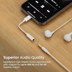 Ambrane Lightning to 3.5mm Audio Earphones Jack Adapter | AUX Cable, Port Converter for iPhone 14, 13, 12, 11, X, XS, 8, 7, 6S, SE, iPod, iPad | Headphone & Car Stereo Connector | White (AOTG-LX1)