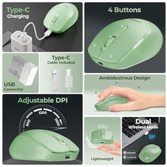 Foxin Flow Wireless Mouse with Rechargeable Battery, Bluetooth & 2.4 Ghz Dual Connectivity, 4 Buttons, Upto 1600 DPI, Type-C Charging | Ergonomic Office Mouse for Laptop, MacBook, PC | Green