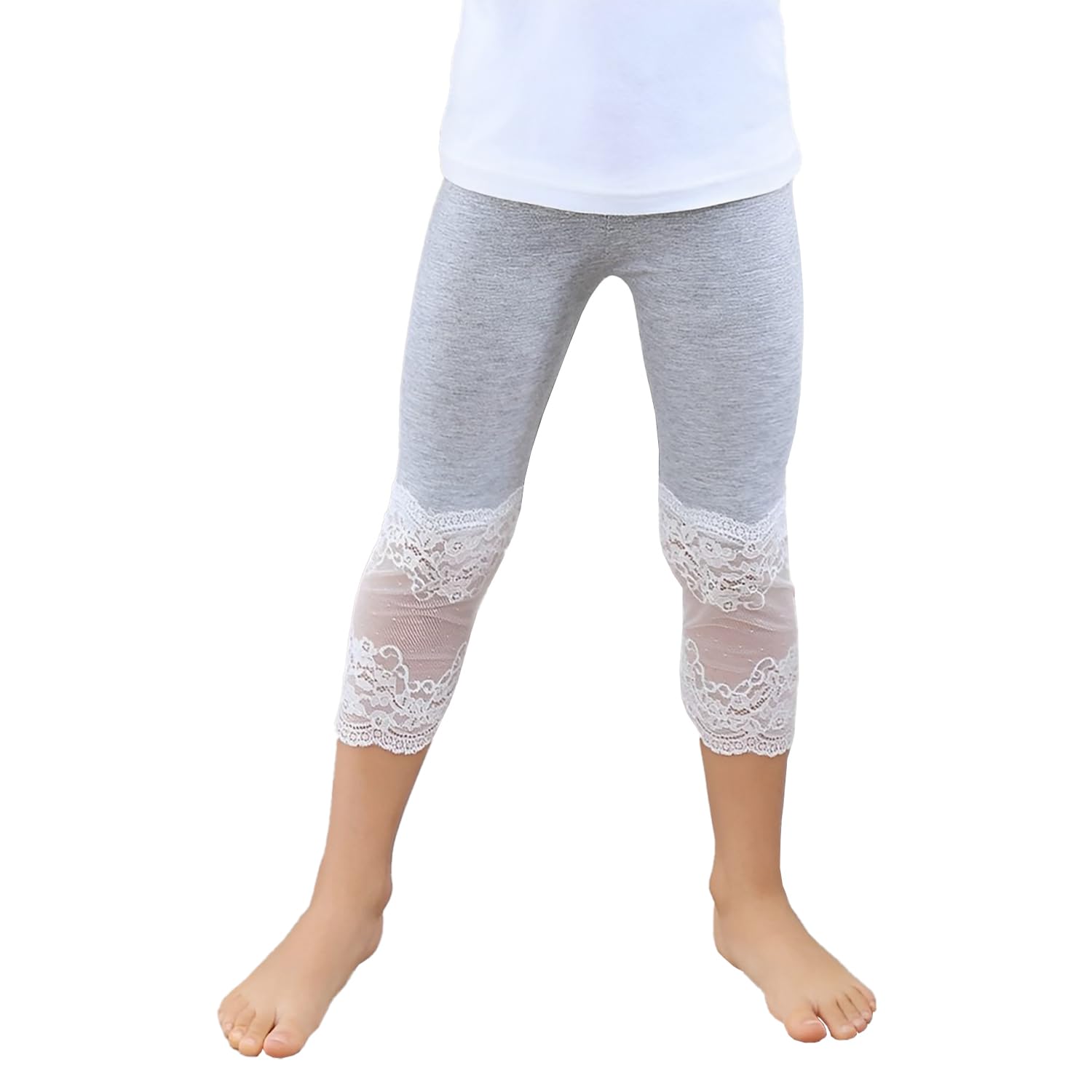 SYGA Girls Capri Leggings Modal Lace Cropped Pants for Your Little Princess Suitable for Age 3-4 Years Old(White)