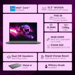 Lenovo IdeaPad Slim 3 Smartchoice 13th Gen Intel Core i7-13620H 15.3 inch (38.8cm) WUXGA IPS Laptop (16GB RAM/512GB SSD/Windows 11/Office 24/Metal A Cover/Backlit Keyboard/Luna Grey/1.6Kg), 83K101JGIN