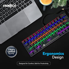 FRONTECH 63-Key Mechanical Gaming Wired Keyboard, Rainbow Backlit, 26 Anti-Ghosting Keys, Detachable Type-C Cable, Compatible with Windows/Mac/iOS/Android (KB-0010P)