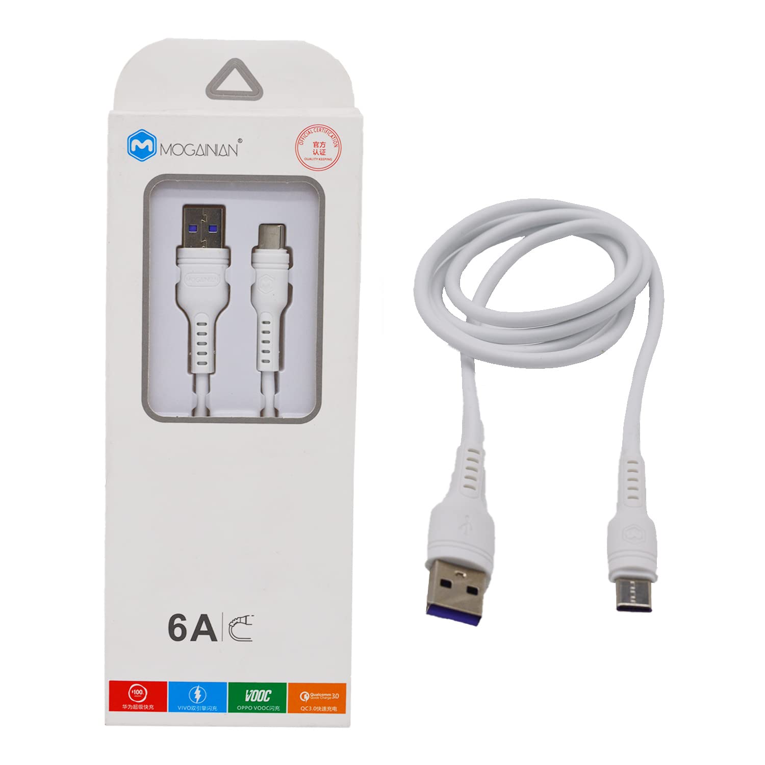 SYGA Type C Cable, PVC USB Cable for Type C Devices, 5A & 6A, 3 Feet - White