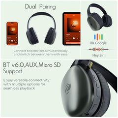 Zebronics Thunder Pro (2026 Upgrade) Wireless Headphones, BT v6.0, Up to 60h Playback, Dual Pairing, 40mm Drivers, ENC, Gaming Mode, Deep Bass, AUX & microSD, Rapid Charging (Black)