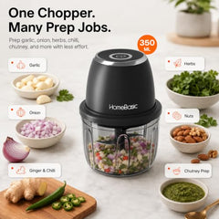 HOMEBASIC 350ml Rechargeable Electric Chopper | 6 Stainless Steel Blades | One-Touch Operation | Compact Mini Food Processor for Onion, Garlic, Ginger, Vegetables, Meat, Nuts | USB Charging