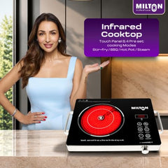MILTON Classic 2200 Watt Infrared Cooktop with Crystal Glass & Touch Panel | 4 Pre set cooking Modes | Stir-fry | BBQ | Hot Pot | Steam | 60°C to 600°C | Digital time & Watt display - Classic SIlver