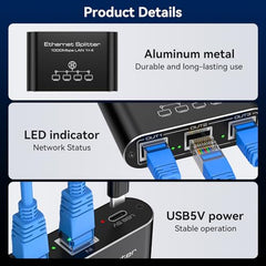 VEDINDUST LAN Splitter 1 to 4 1000 Mbps Aluminium LAN Switch Network Switch LAN Distributor Gigabit Ethernet Switch for Computers, Hubs, Switches, Router, Set-Top Box (with USB-C Power Cable)