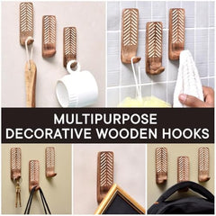IndianShelf 6 Decorative Wood Adhesive Wall Hooks No Drill - Fork Art | Handmade, Renter Friendly, Waterproof, Reusable, Peel and Sticky Hooks for Keys, Towel, Bags, Light Coat, Jewelry, 10Lb Load