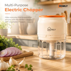 HOMLY Chopzo Mini Vegetable Chopper 250ml, 30W Rechargeable Electric Chopper with Stainless Steel Tri-Blade Cutter, USB Charging, Compact Chopper for Onion, Garlic & Vegetables