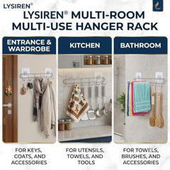 LYSIREN Door Hangers for Clothes, Hanger for Wall – Stainless Steel Bathroom Wall Hook with 6 Hooks, Self Adhesive Magic Sticker Door & Wall Hanger for Towel, Kitchen & Clothes, 5 Kg Capacity, Silver
